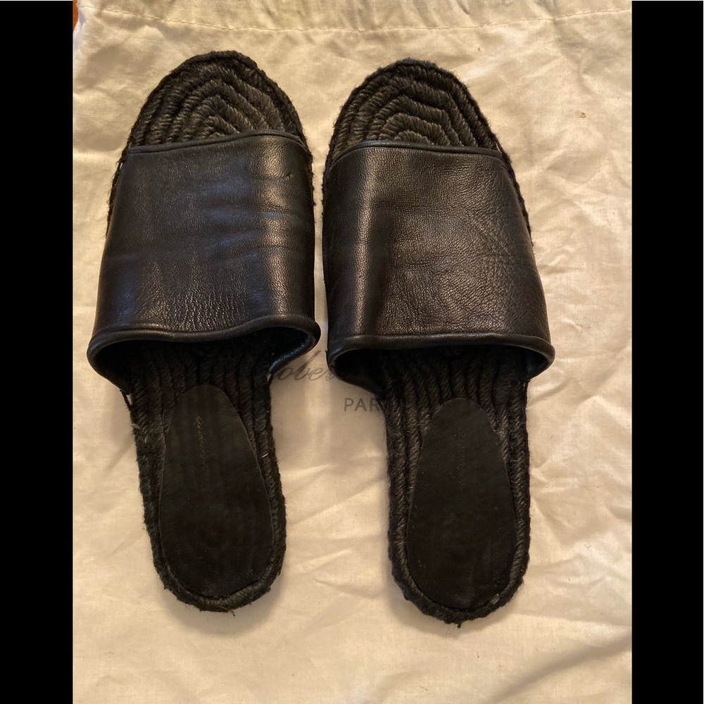 Robert Clergerie Black Leather Slide Sandals with Woven Rope Footbed